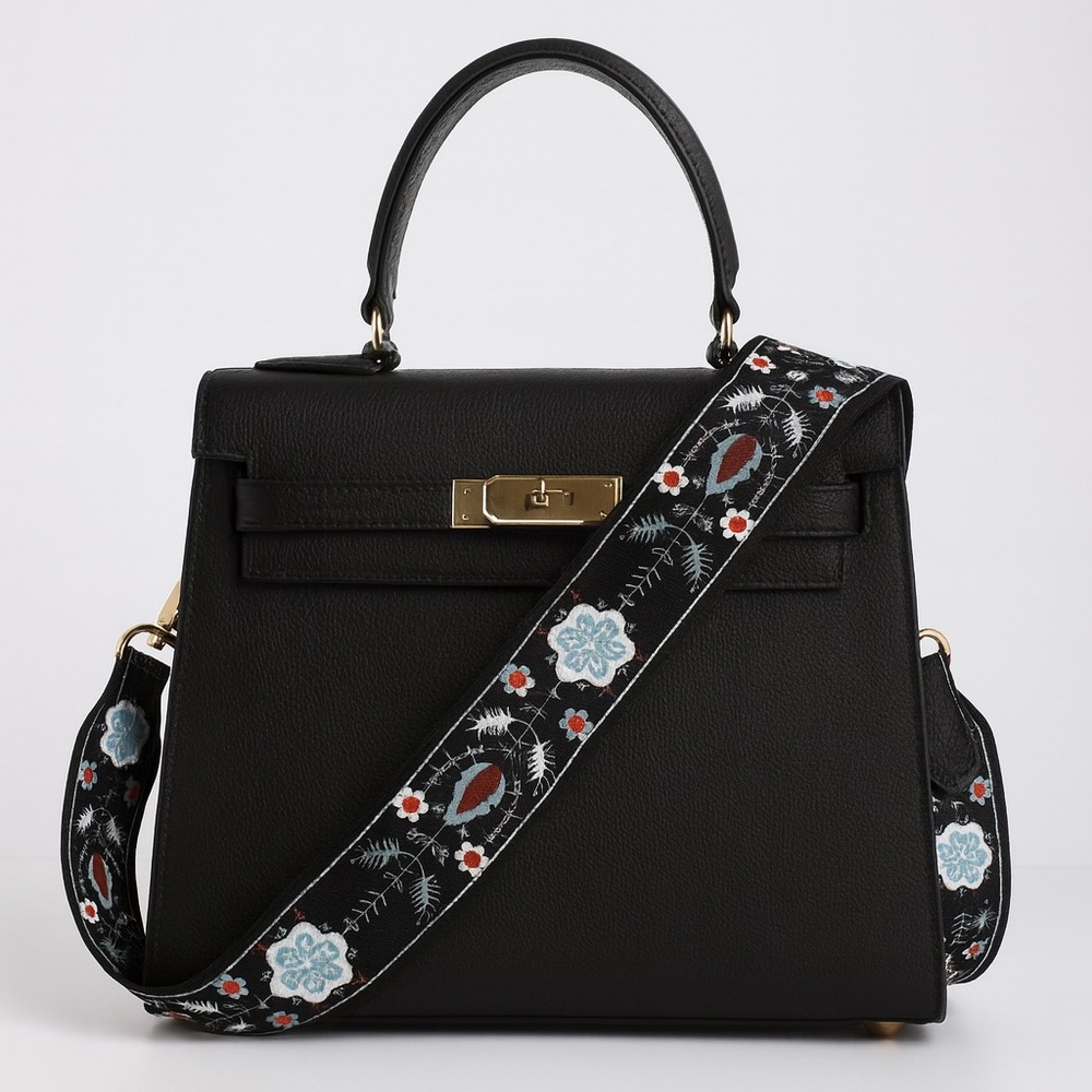 Boho Floral Embroidered Adjustable Bag Strap Black Gold Hardware
